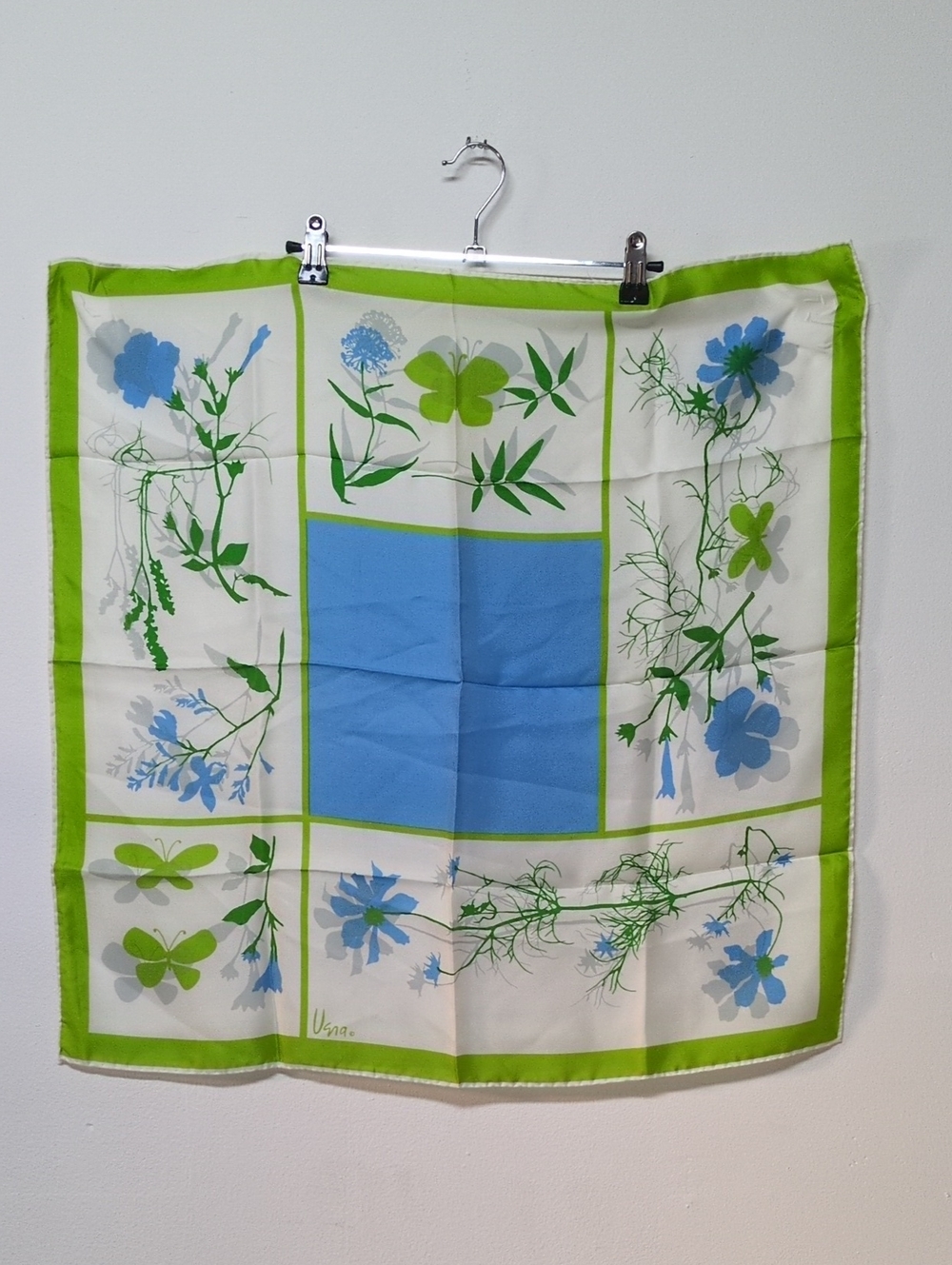 Vintage Scarves by Vera Spring Green, White, and Blue Botanic Print Square Scarf